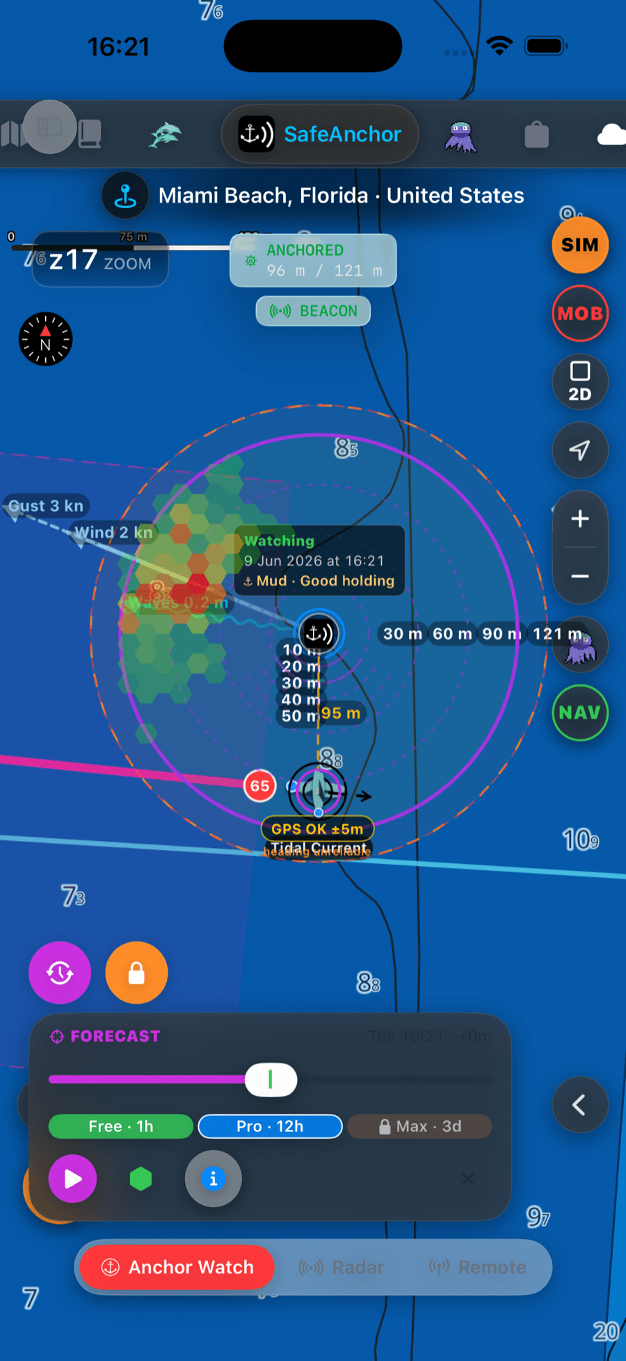 SafeAnchor anchor watch over Miami Beach — anchored at 96 m of 121 m, mud seabed with good holding, drift forecast scrubber open
