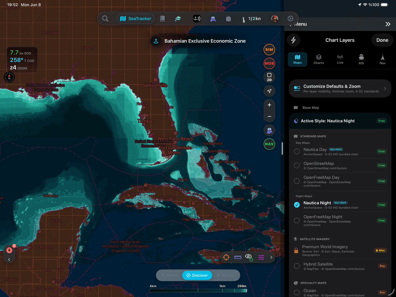 Nautica Night S-52 IHO chart over the Bahamian EEZ