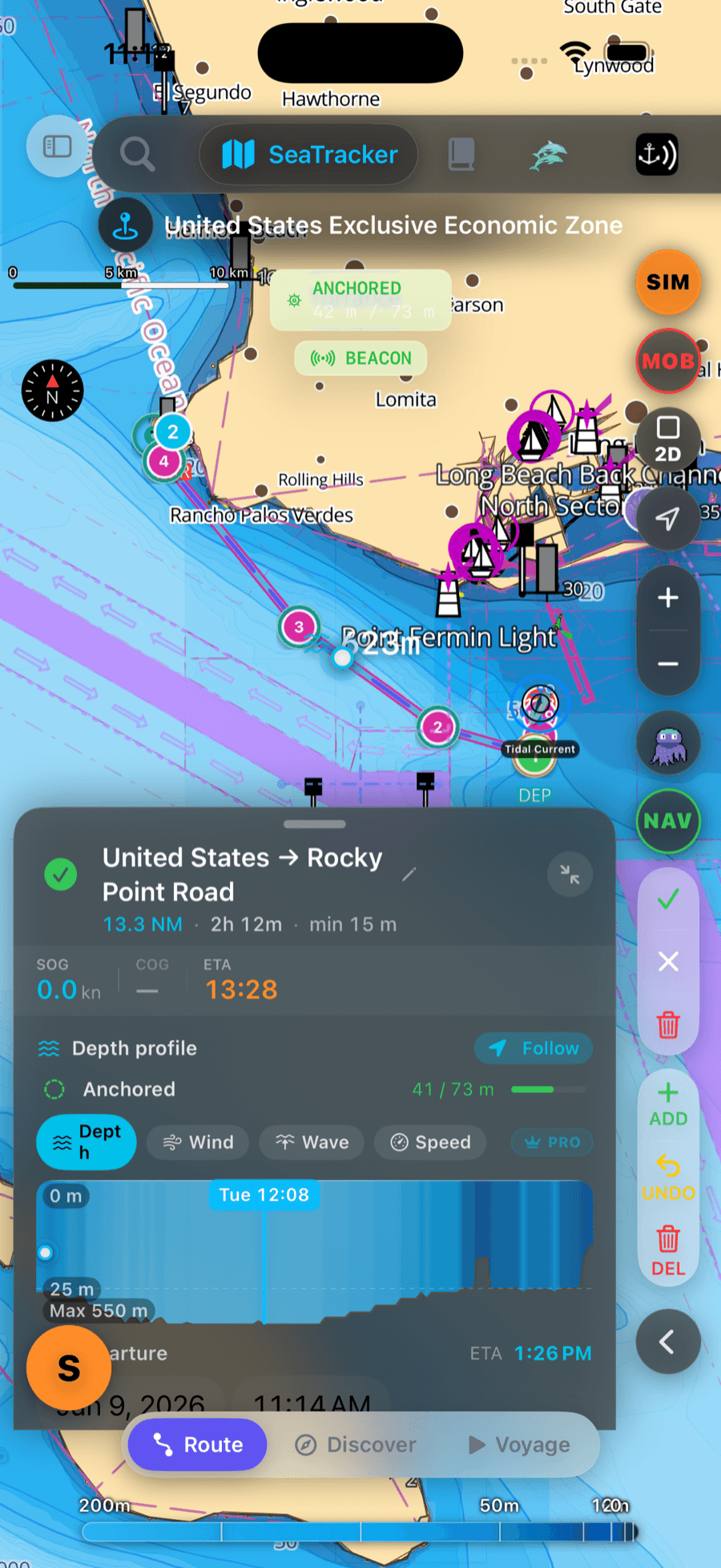 Depth profile through the route — 13.3 NM, min 15 m, anchored check