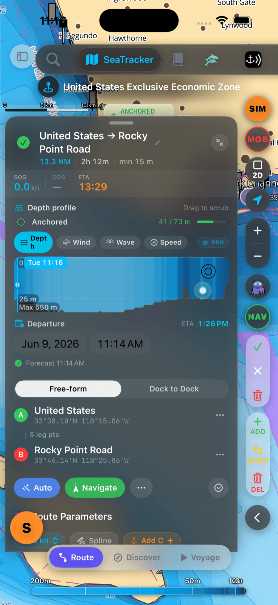 Route details — distance, duration, minimum depth and departure time