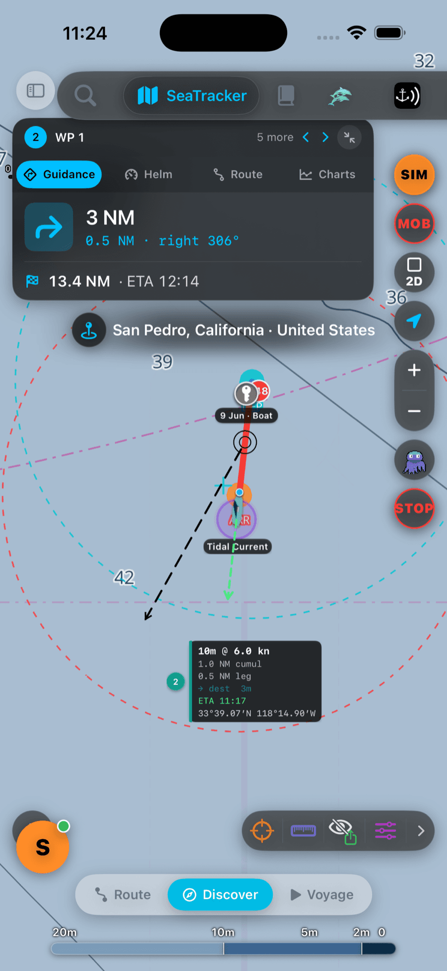 Active navigation guidance — next turn in 3 NM, ETA 12:14