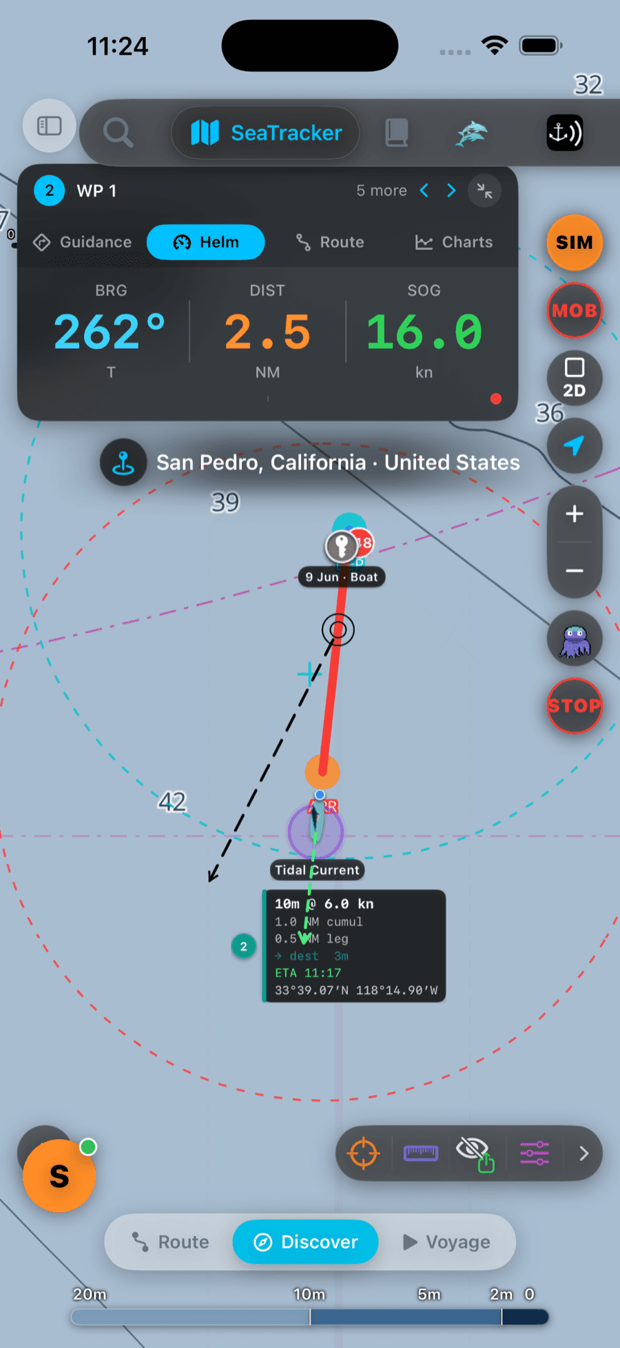Helm view — BRG 262°, DIST 2.5 NM, SOG 16.0 kn