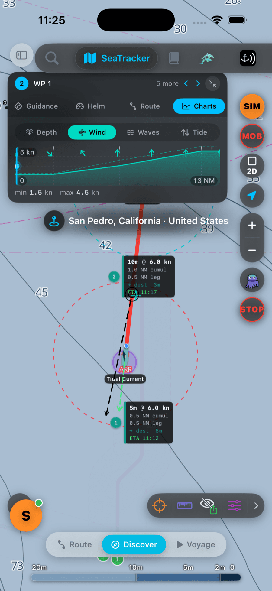 Wind forecast along the route on the voyage scrubber