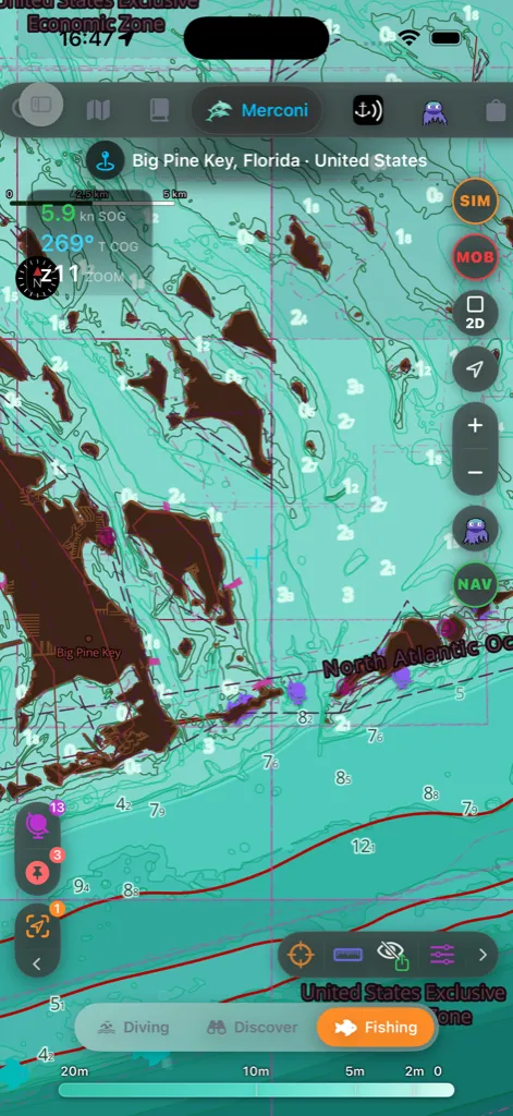Big Pine Key açıklarında Balıkçılık alt modundaki Merconi — deniz canlısı iğneleri, balıkçılık-çabası çizgileri ve sol-ray katman sayılarıyla Reef Guardian paleti