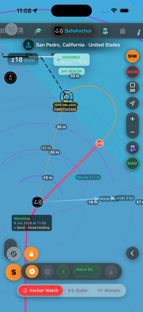 SafeAnchor Demir Nöbeti — salınım çemberiyle kurulu demir,